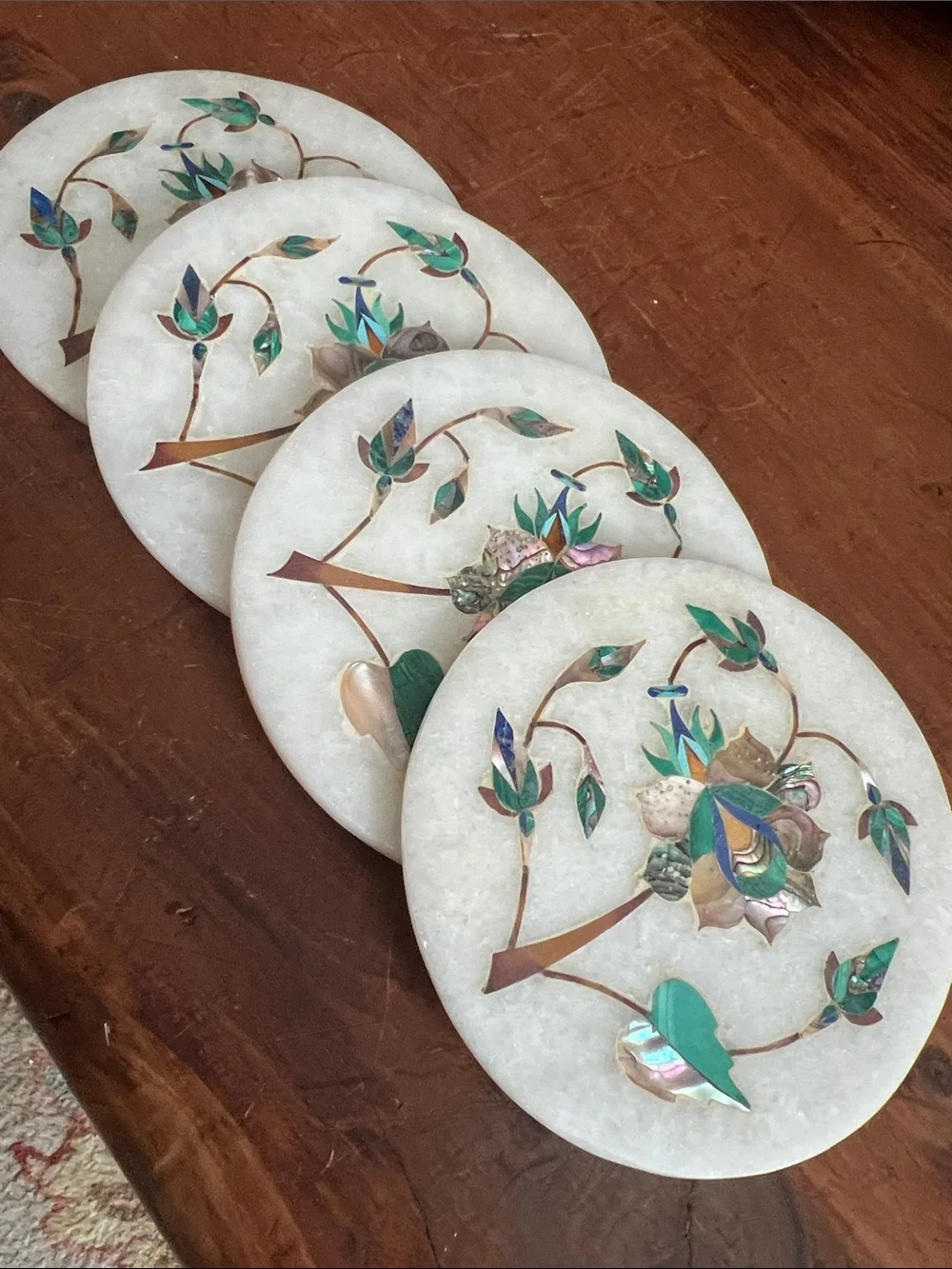 Inlaid Marble Coasters Mother-of-Pearl and Semi Precious Gemstone Floral Design